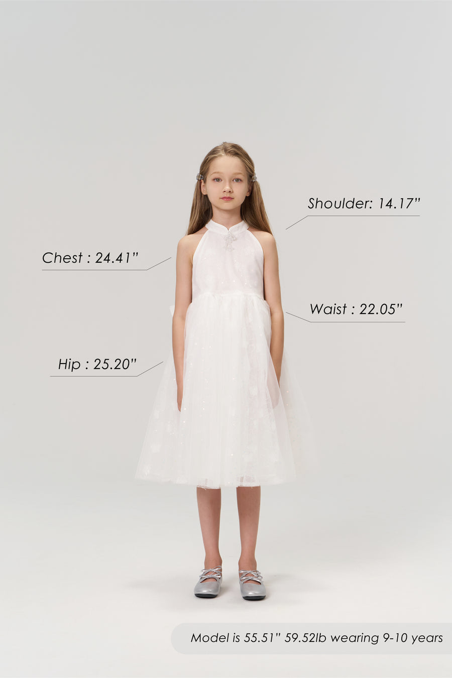 Young girl in the KIKI and JOJO Butterfly Whispers Dress stands against a plain background, with chest, shoulder, waist, hip measurements and model size info displayed.