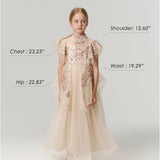 A young girl faces forward wearing the Jade Whisper Dress by KIKI and JOJO, a cream-colored cheongsam with floral embroidery and a mandarin collar. Her body measurements and model details are labeled around her in the image.