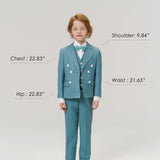 A young child models the Celeste Whimsy Suit Pants by KIKI and JOJO, featuring an adjustable waistband, while size and age details are labeled around him against a plain background.