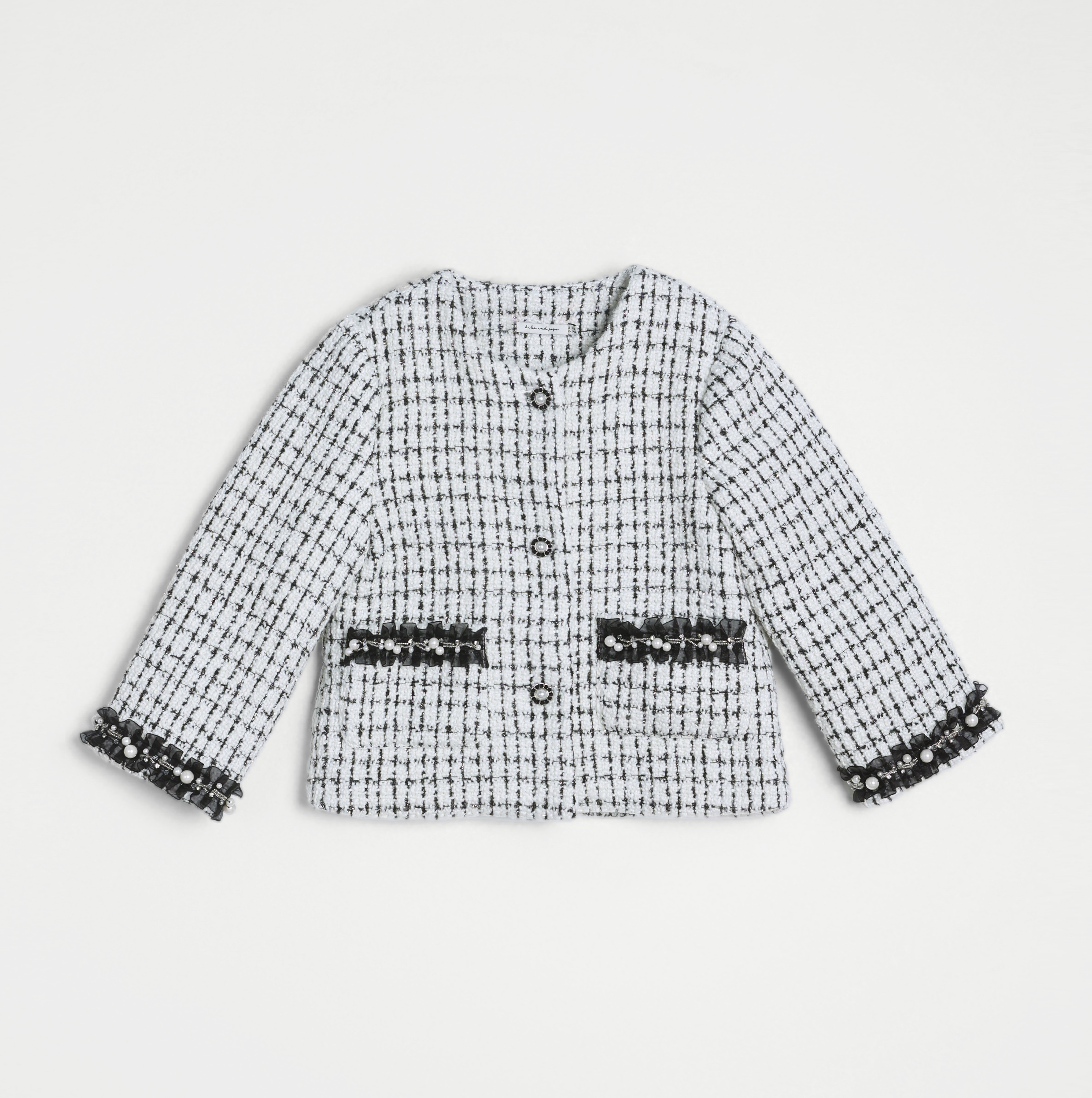 Girls Tweed Jacket – Black & White Checkered Pearl