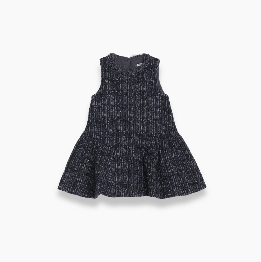 Girls Vintage Beaded Tweed Wave-Hem Dress - Gray