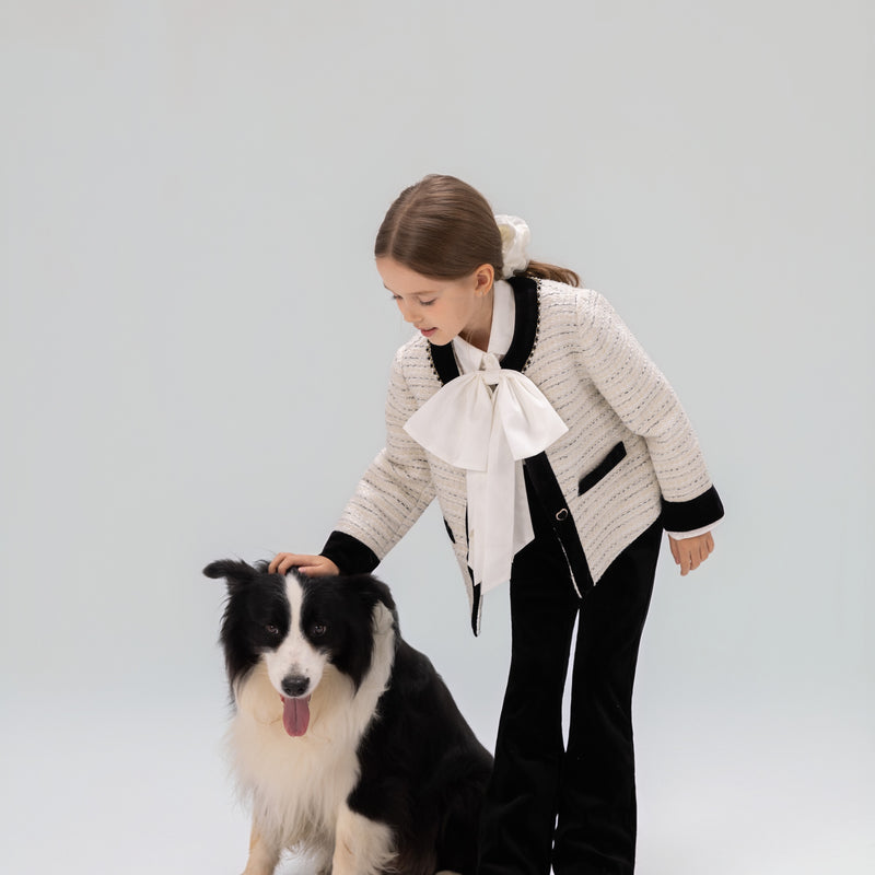 Velvet Bow Beaded-Trim Tweed Jacket