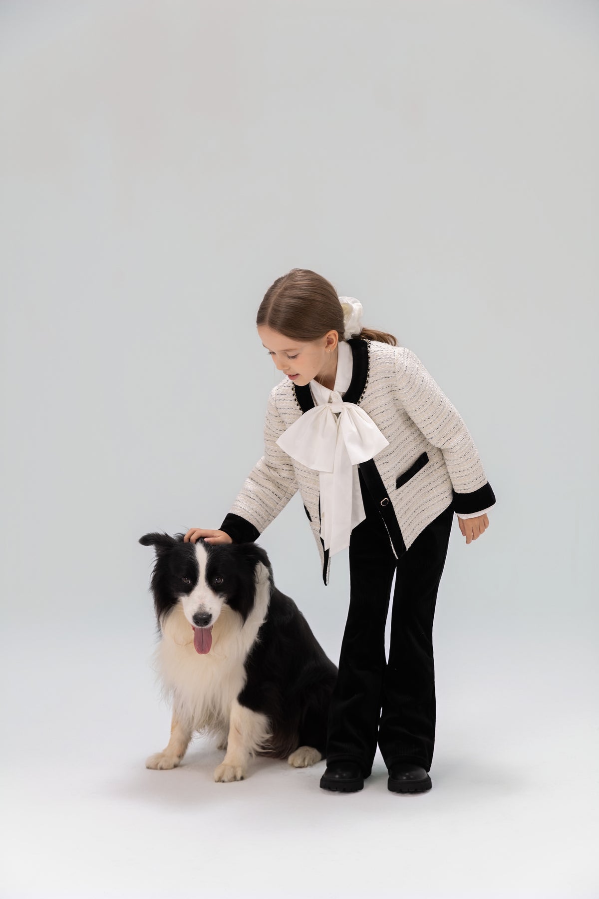 Velvet Bow Beaded-Trim Tweed Jacket