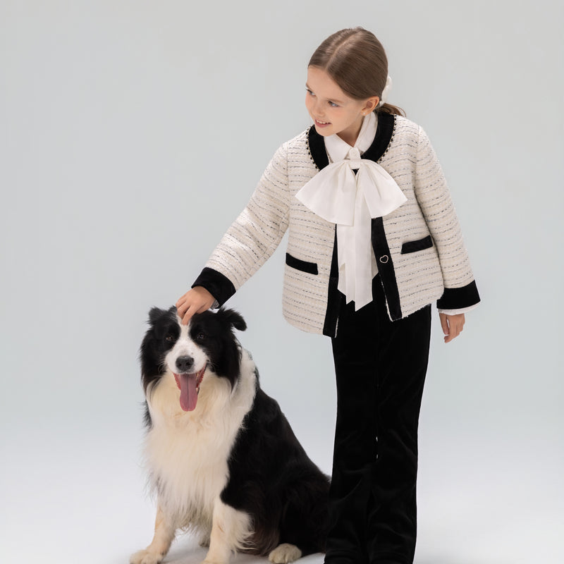 Velvet Bow Beaded-Trim Tweed Jacket