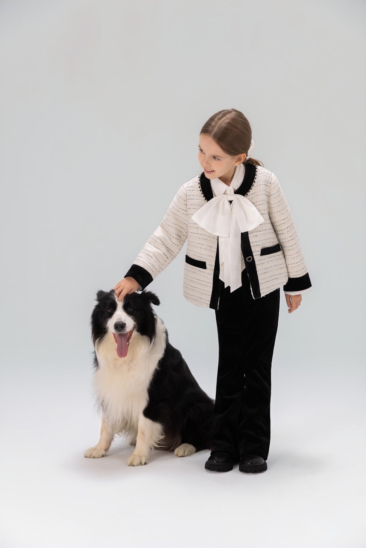 Velvet Bow Beaded-Trim Tweed Jacket
