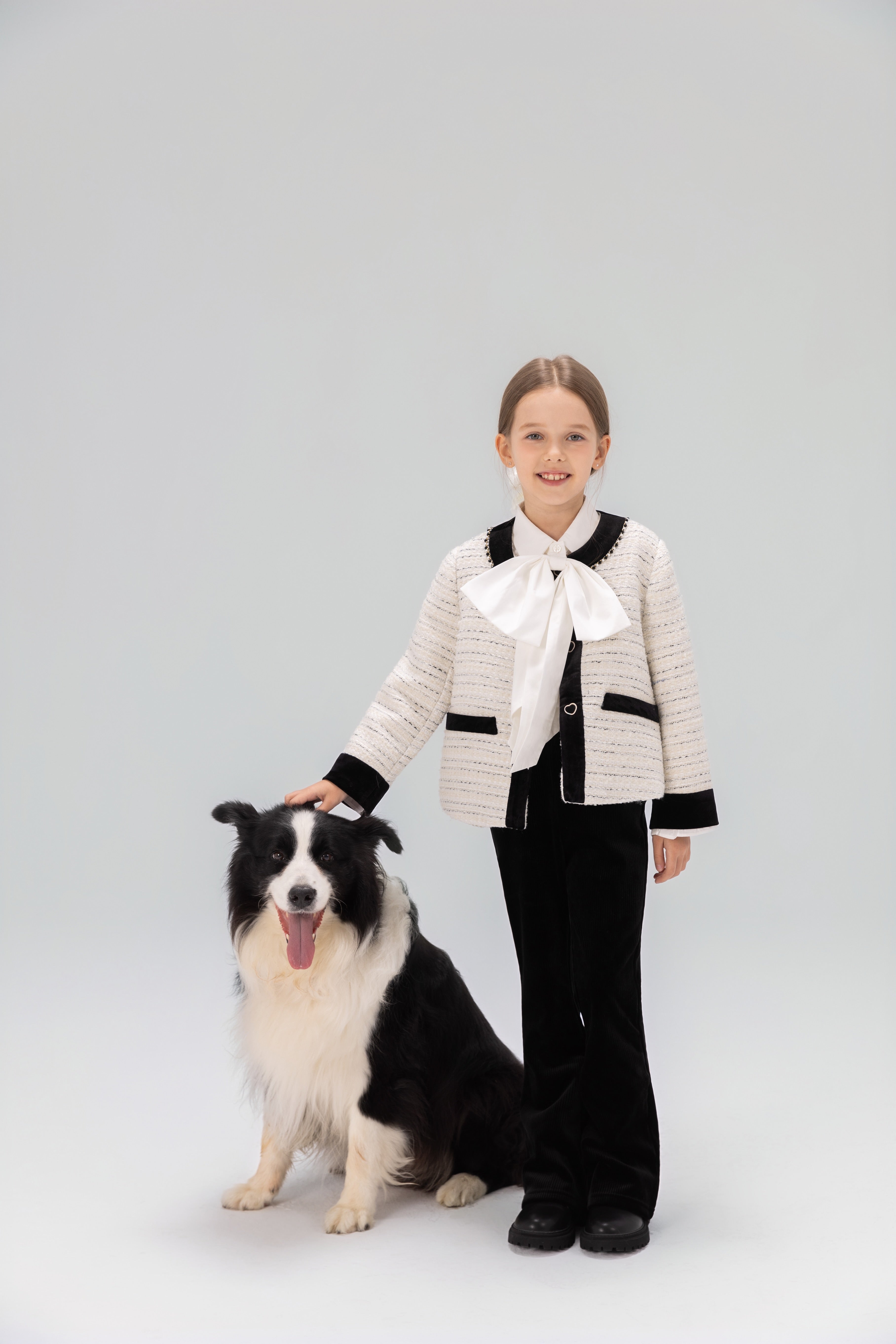 Velvet Bow Beaded-Trim Tweed Jacket