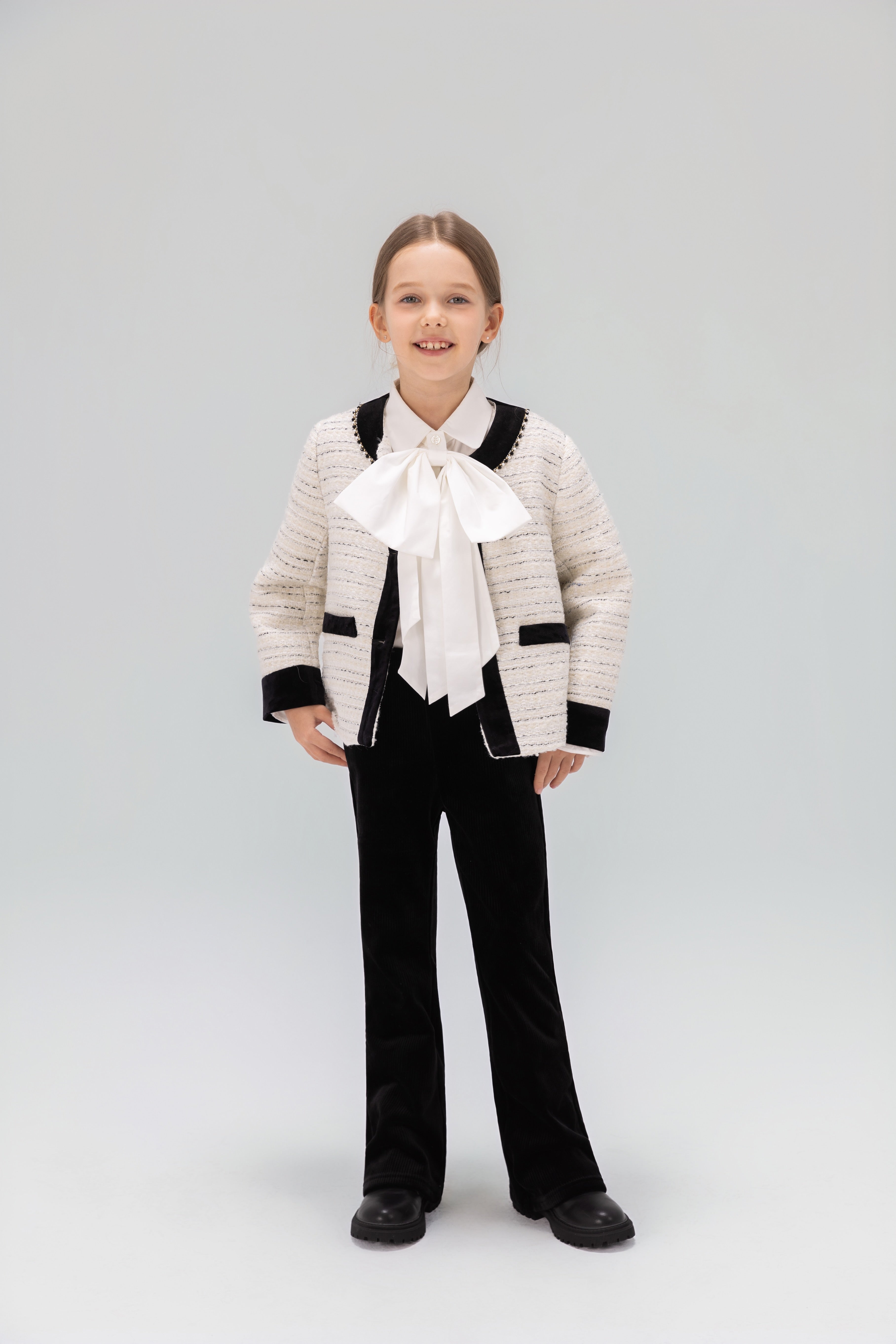 Velvet Bow Beaded-Trim Tweed Jacket