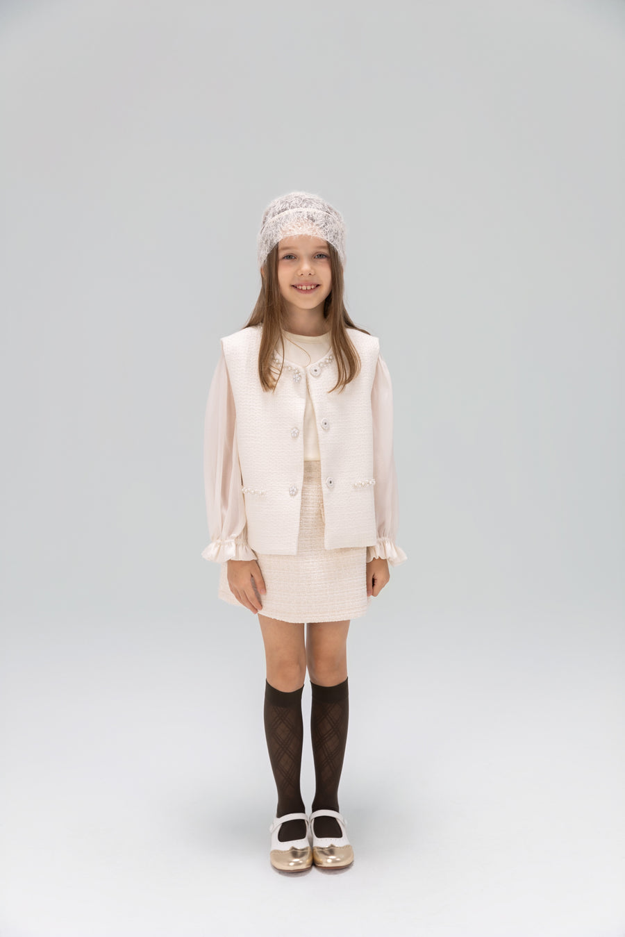 Pearl-Trim Tweed Vest