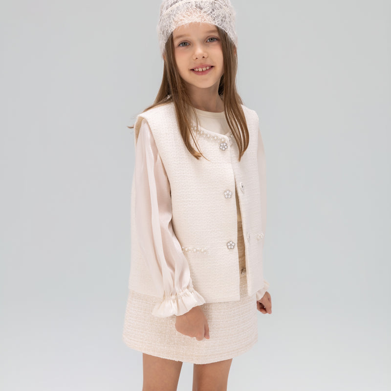 Pearl-Trim Tweed Vest