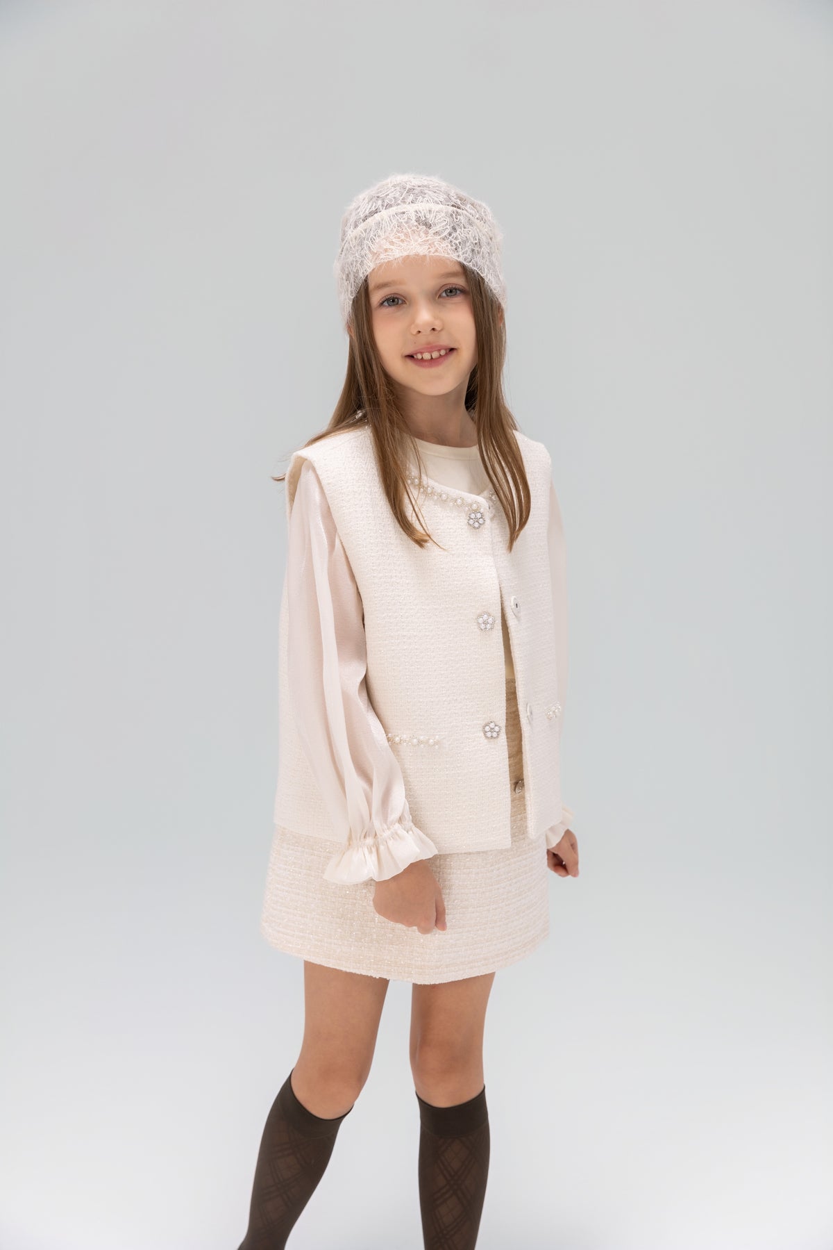Pearl-Trim Tweed Vest