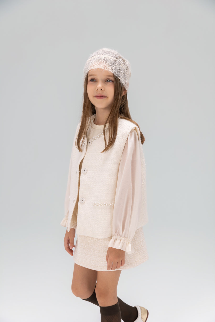 Pearl-Trim Tweed Vest