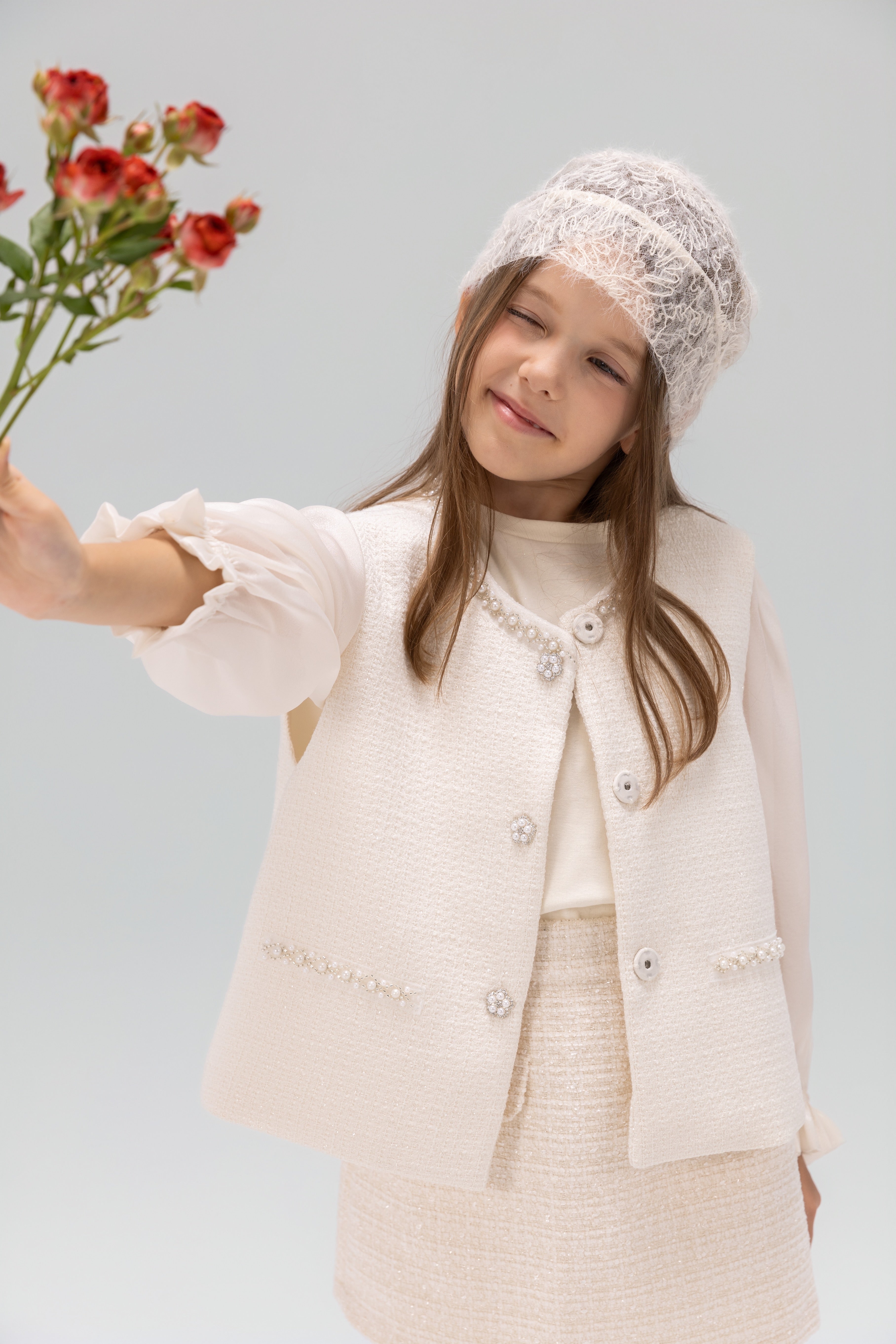 Pearl-Trim Tweed Vest