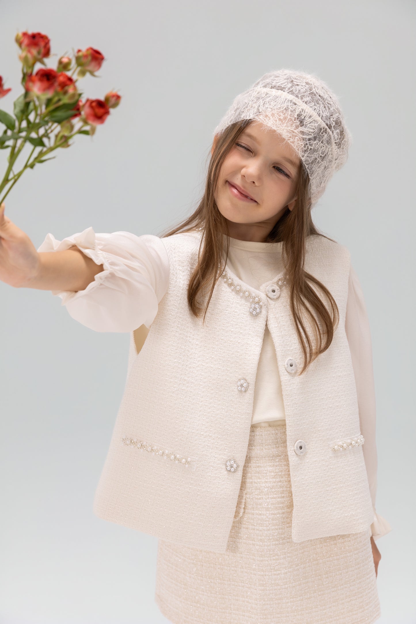 Pearl-Trim Tweed Vest
