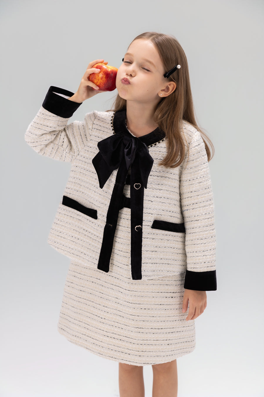 Velvet Bow Beaded-Trim Tweed Jacket