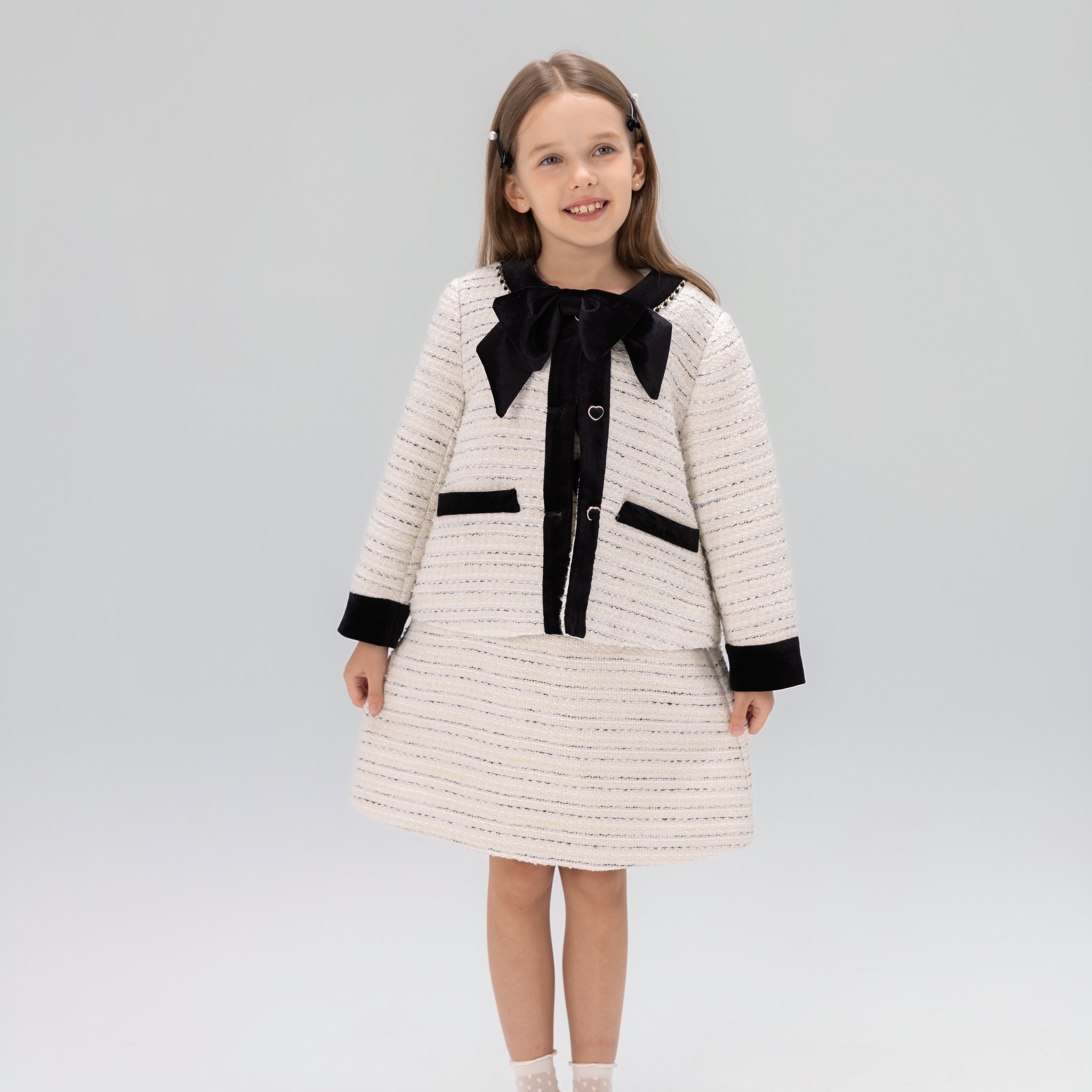 Velvet Bow Beaded-Trim Tweed Jacket
