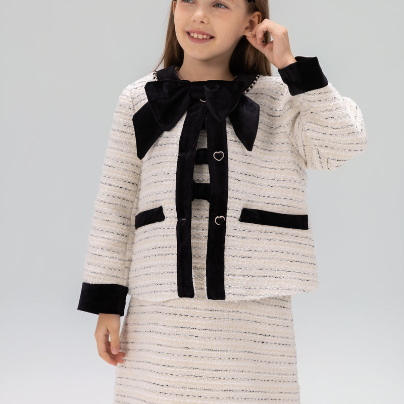 Velvet Bow Beaded-Trim Tweed Jacket