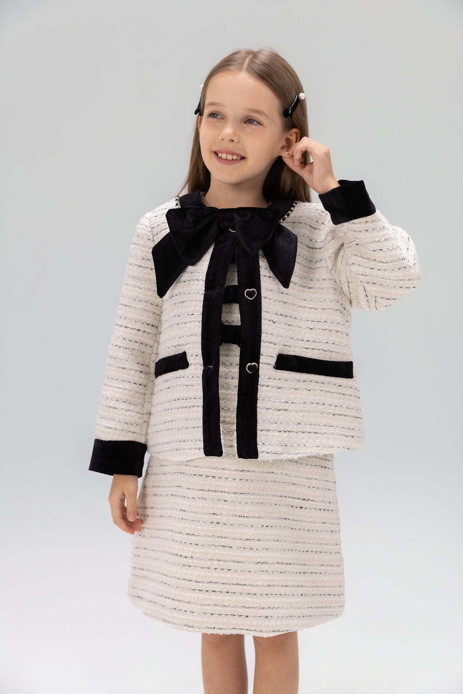 Velvet Bow Beaded-Trim Tweed Jacket