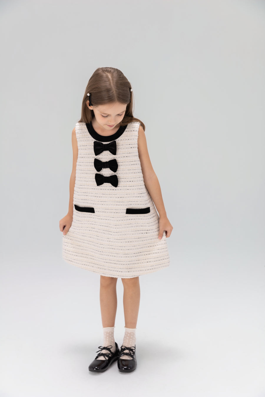 Velvet Bow Tweed Shift Dress