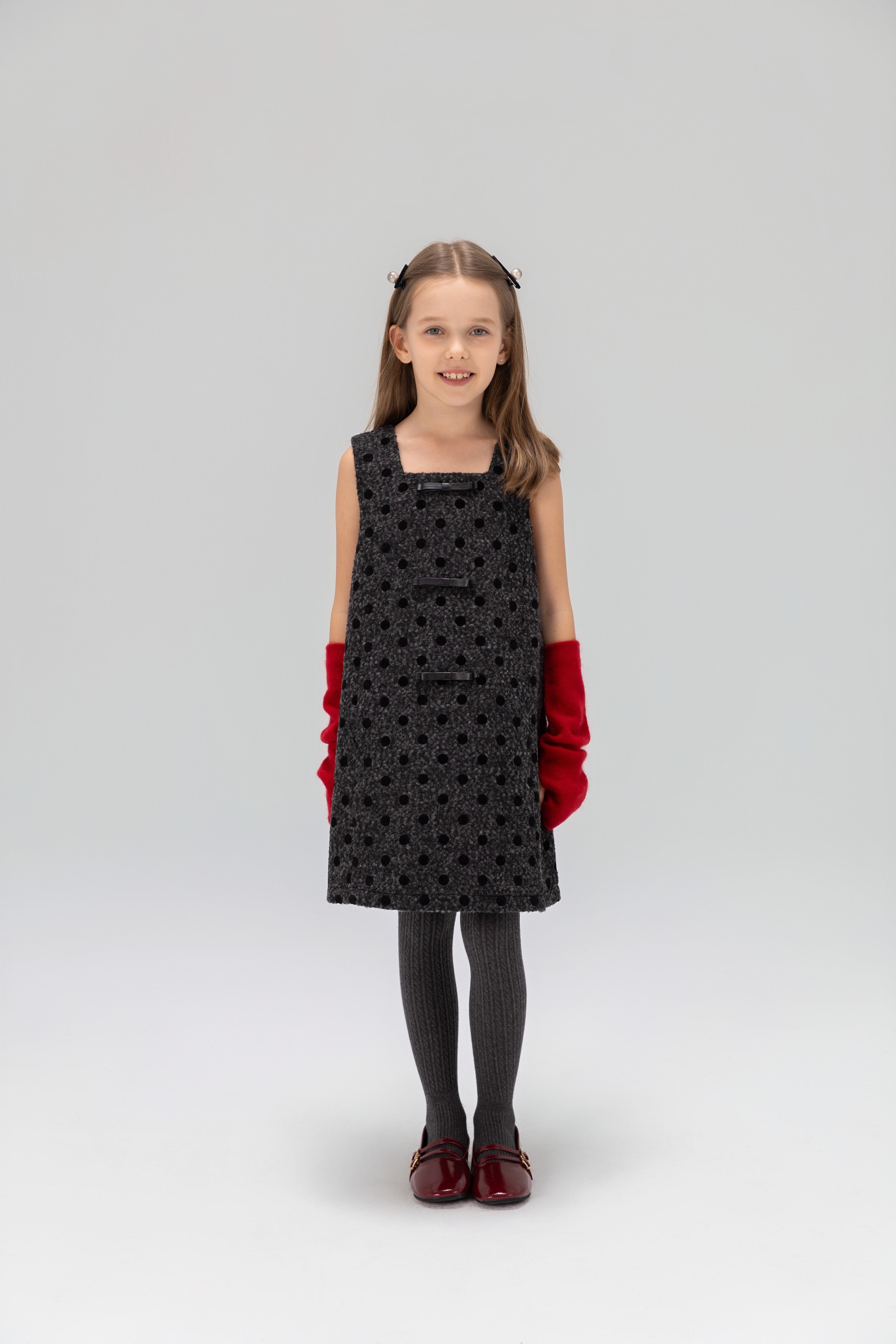 Girls Polka Dot Boucle Jumper Dress, Charcoal Gray | KIKI and JOJO Charcoal Gray / 12-13 years (160cm) Girls Polka Dot Boucle Jumper Dress, Charcoal Gray | KIKI and JOJO Charcoal Gray / 12-13 years (160cm)