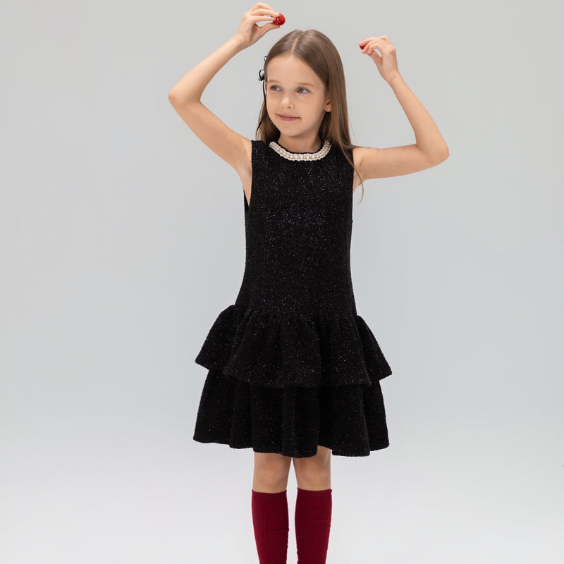 Midnight Starlight Pearl-Collar Dress