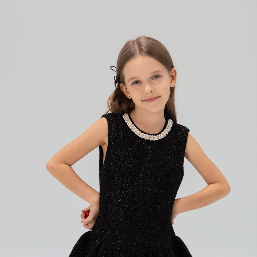Midnight Starlight Pearl-Collar Dress
