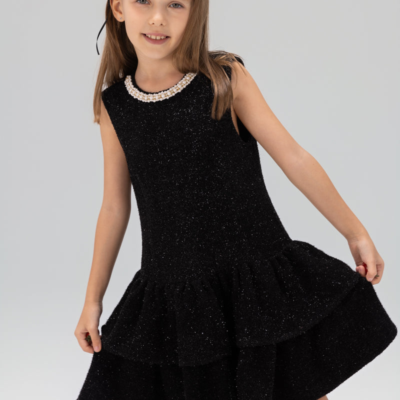 Midnight Starlight Pearl-Collar Dress
