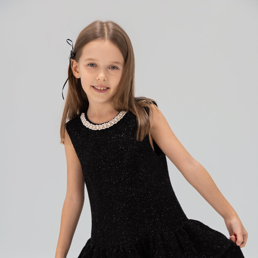 Midnight Starlight Pearl-Collar Dress