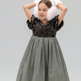 Girls Velvet Puff Sleeve Dress with Rhinestone Trim -  Forest Green
