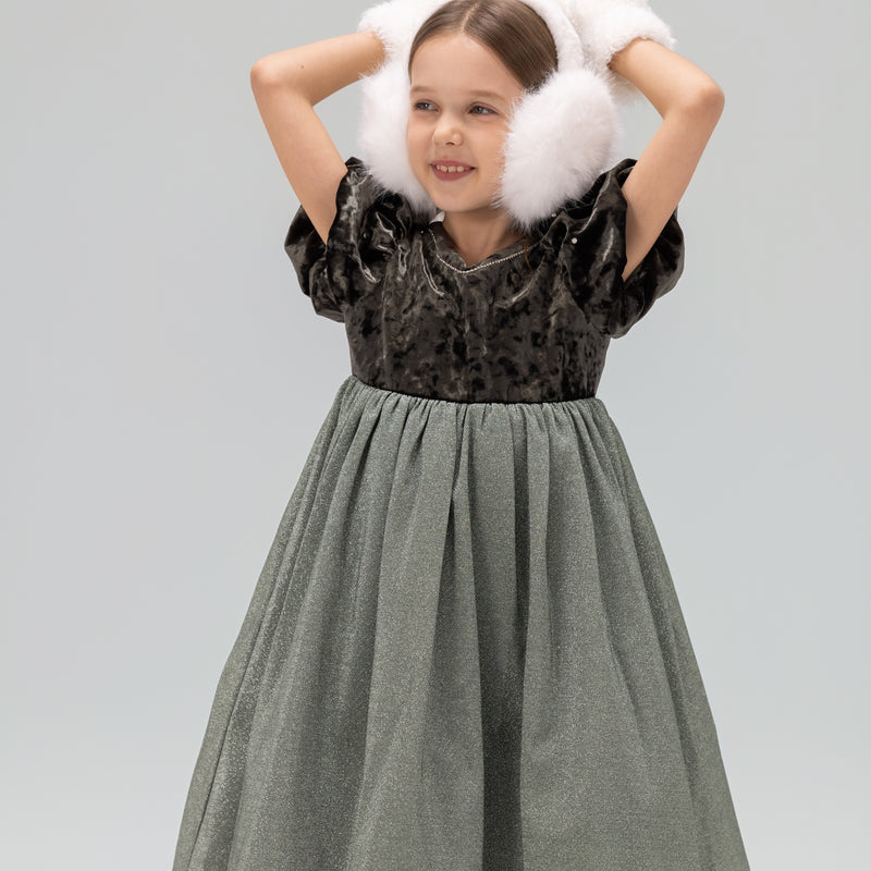 Girls Velvet Puff Sleeve Dress with Rhinestone Trim -  Forest Green