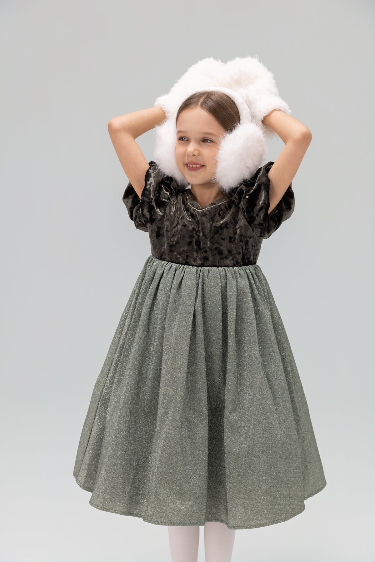 Girls Velvet Puff Sleeve Dress with Rhinestone Trim -  Forest Green