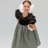 Girls Velvet Puff Sleeve Dress with Rhinestone Trim -  Forest Green