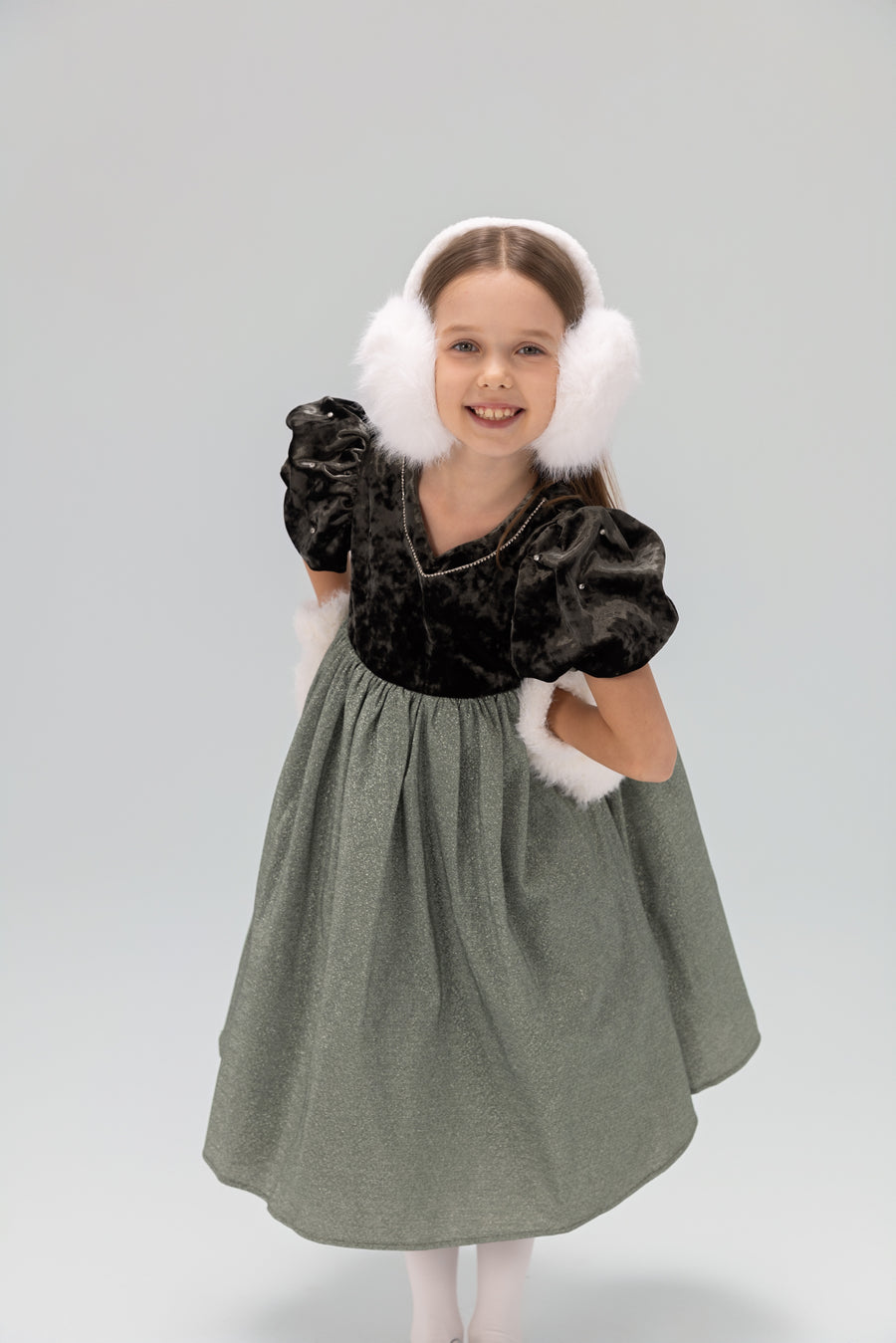 Girls Velvet Puff Sleeve Dress with Rhinestone Trim -  Forest Green