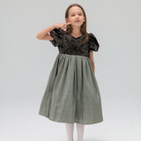 Girls Velvet Puff Sleeve Dress with Rhinestone Trim -  Forest Green