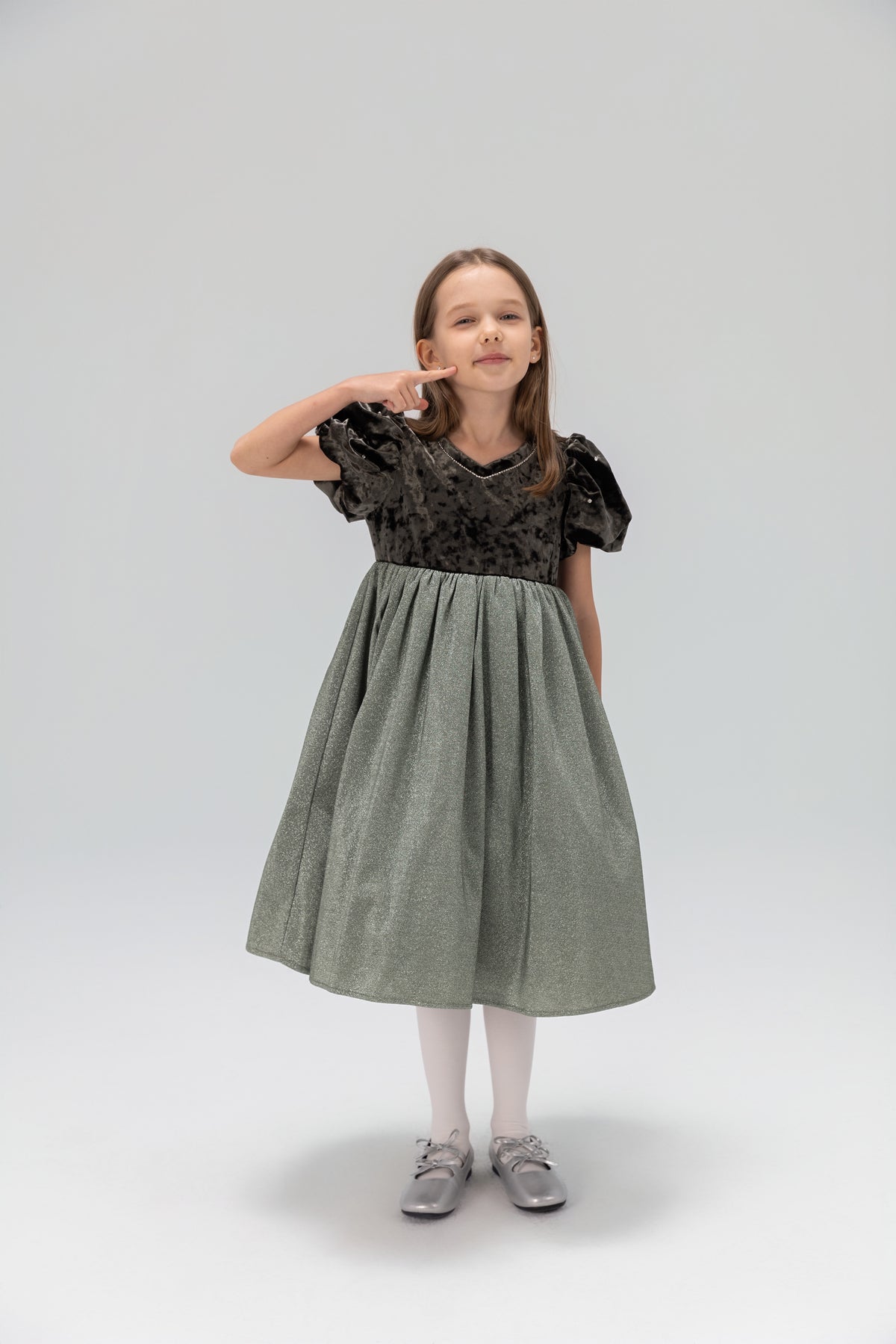Girls Velvet Puff Sleeve Dress with Rhinestone Trim -  Forest Green