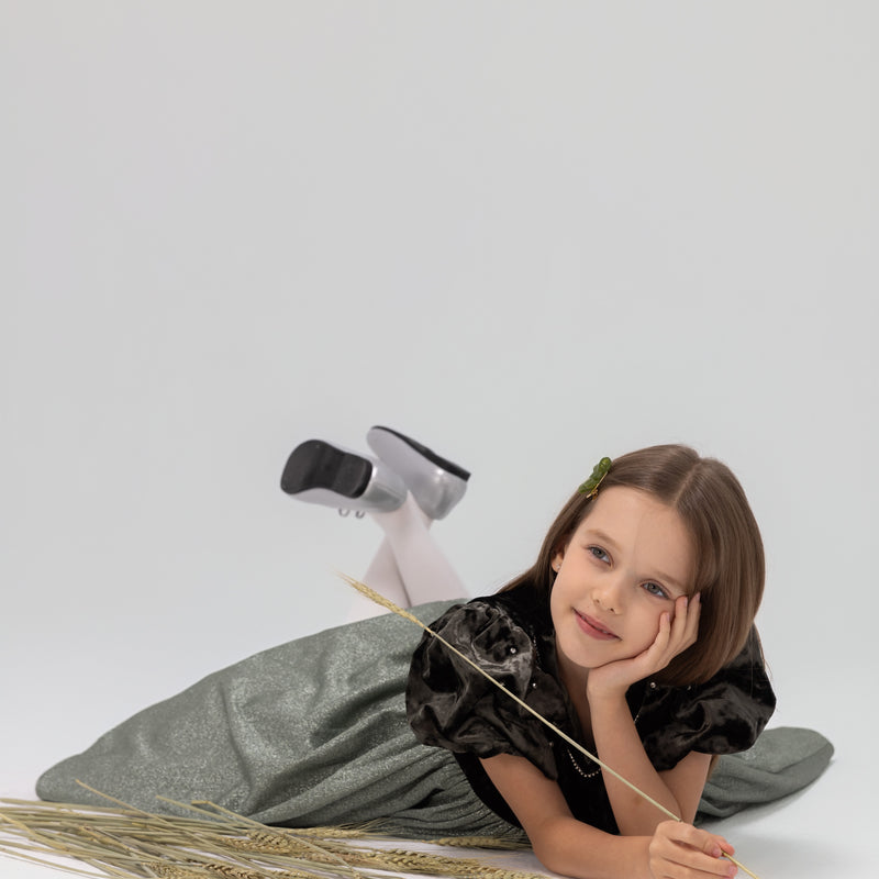Girls Velvet Puff Sleeve Dress with Rhinestone Trim -  Forest Green