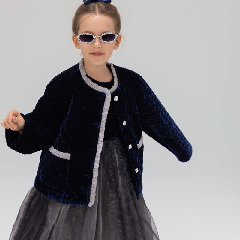 Girls Quilted Ruffle Jacket - Sapphire Blue