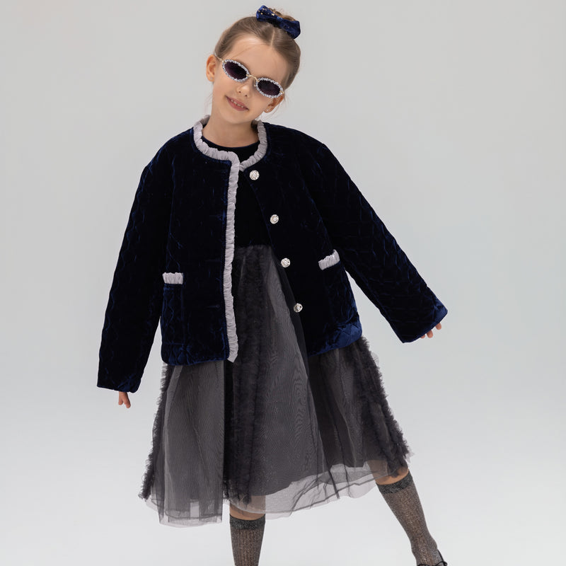 Girls Quilted Ruffle Jacket - Sapphire Blue