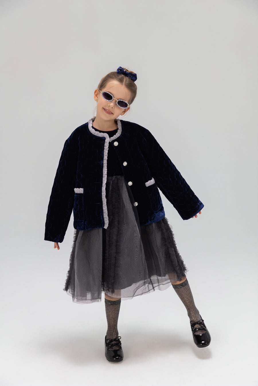 Girls Quilted Ruffle Jacket - Sapphire Blue