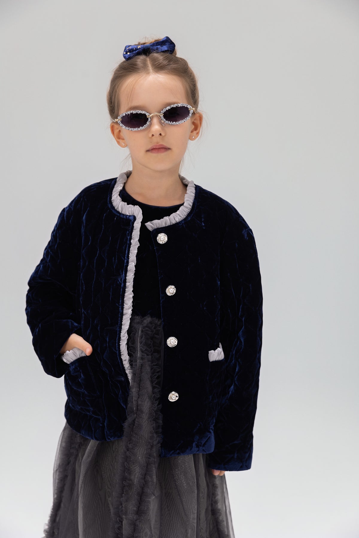 Girls Quilted Ruffle Jacket - Sapphire Blue