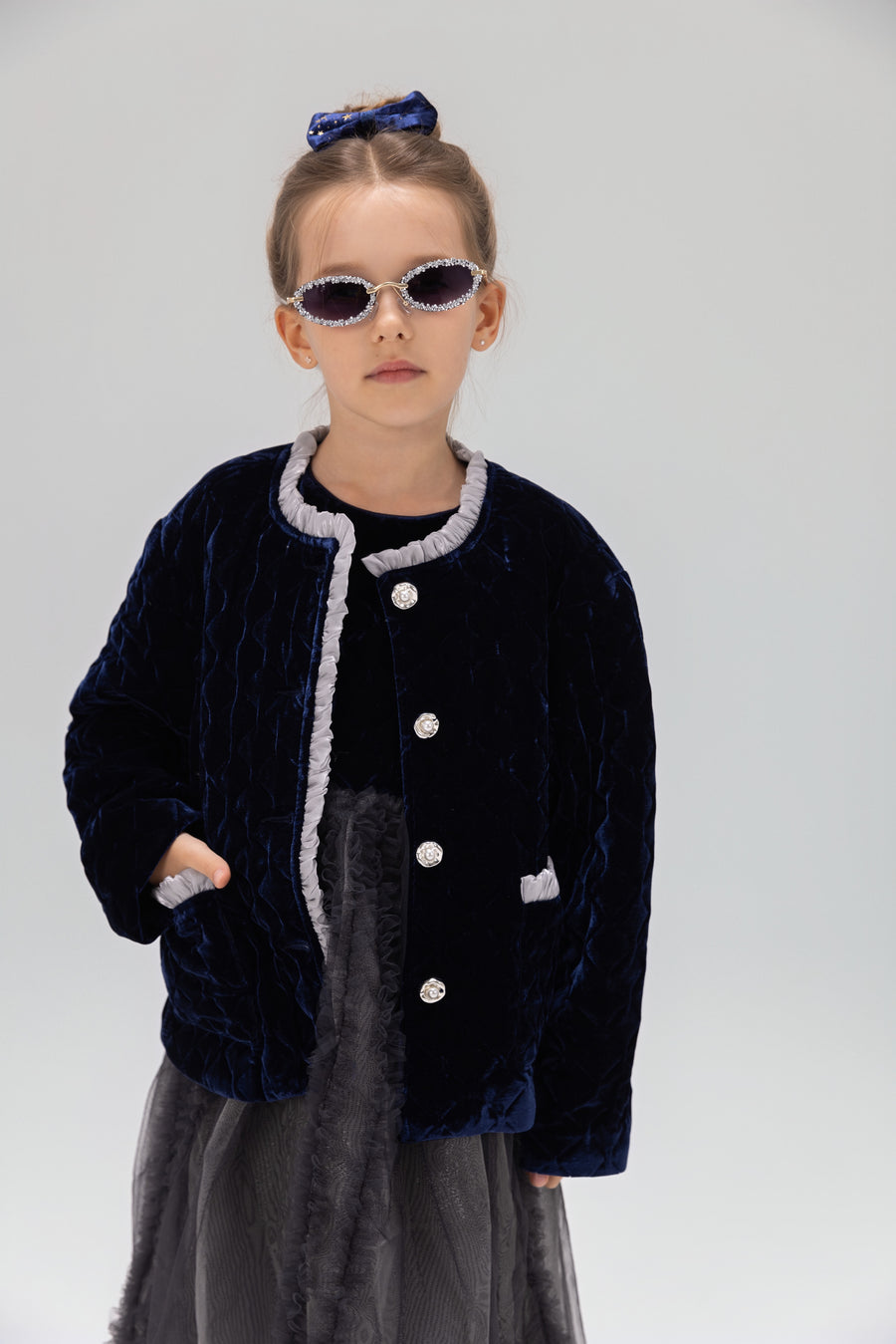 Girls Quilted Ruffle Jacket - Sapphire Blue