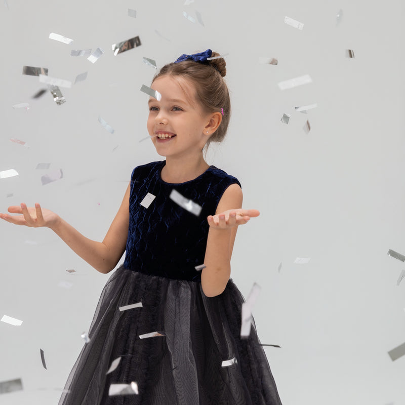 Girls Velvet & Tulle Dress - Sapphire Blue