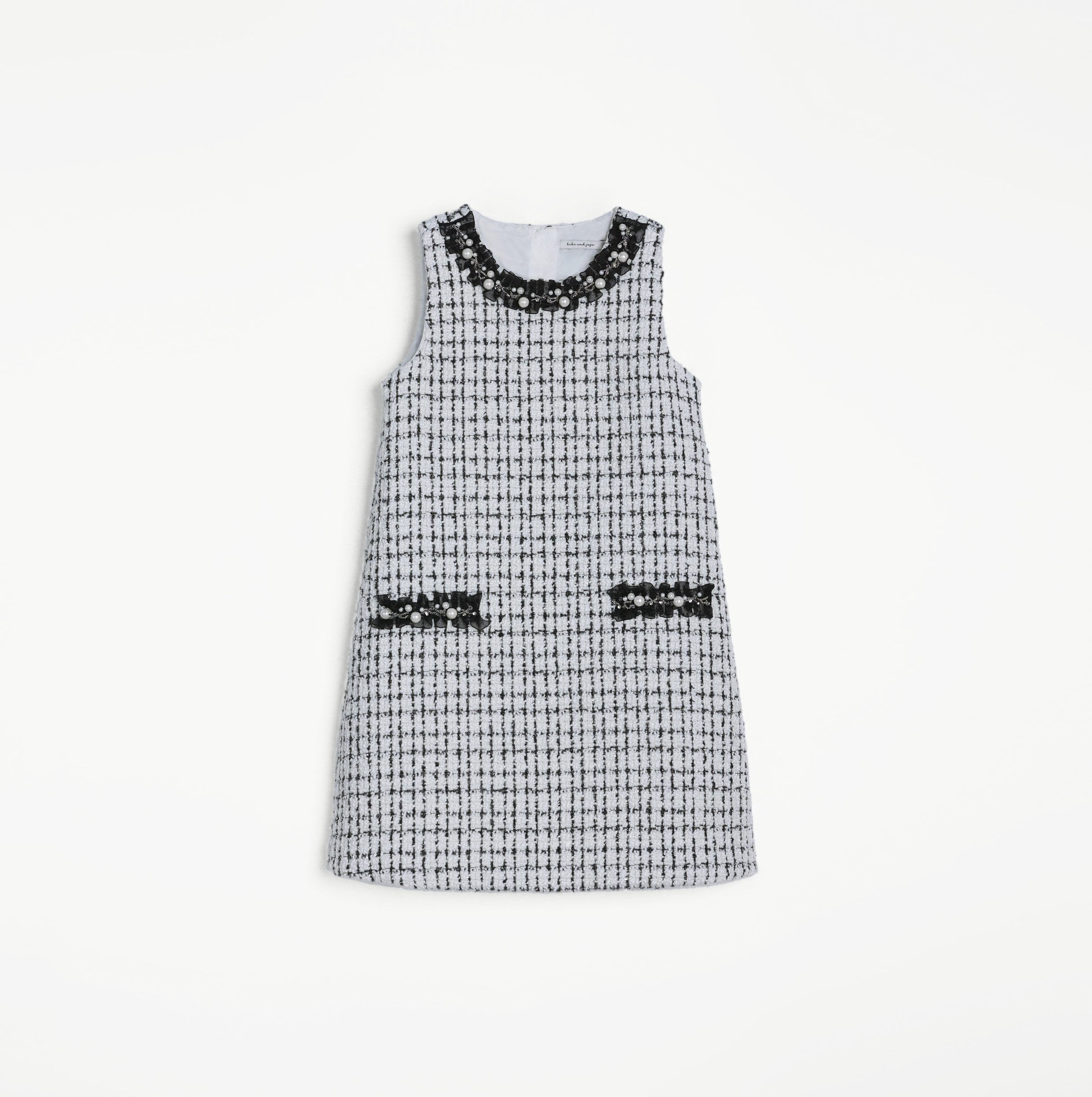 Girls Tweed Dress – Black & White Checkered Pearl