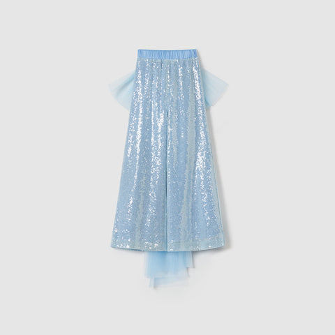 The KIKI and JOJO Radiance Sequin Wide-leg Pants feature a light blue sequin design, an elastic waistband, layered tulle accents, and a detachable bow, displayed against a plain white background.