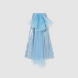 Radiance Sequin Wide-leg Pants by KIKI and JOJO, in light blue with a detachable tulle bow and overlay at the waist, shown against a plain white background.