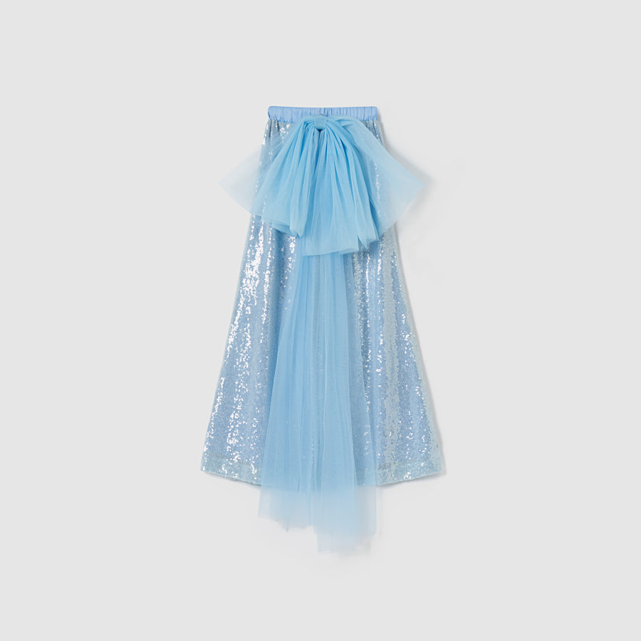 Radiance Sequin Wide-leg Pants by KIKI and JOJO, in light blue with a detachable tulle bow and overlay at the waist, shown against a plain white background.