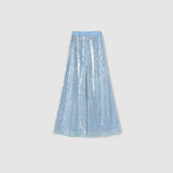 Radiance Sequin Wide-leg Pants by KIKI and JOJO in light blue, featuring all-over sequins and an elastic waistband, shown flat on a plain white background.
