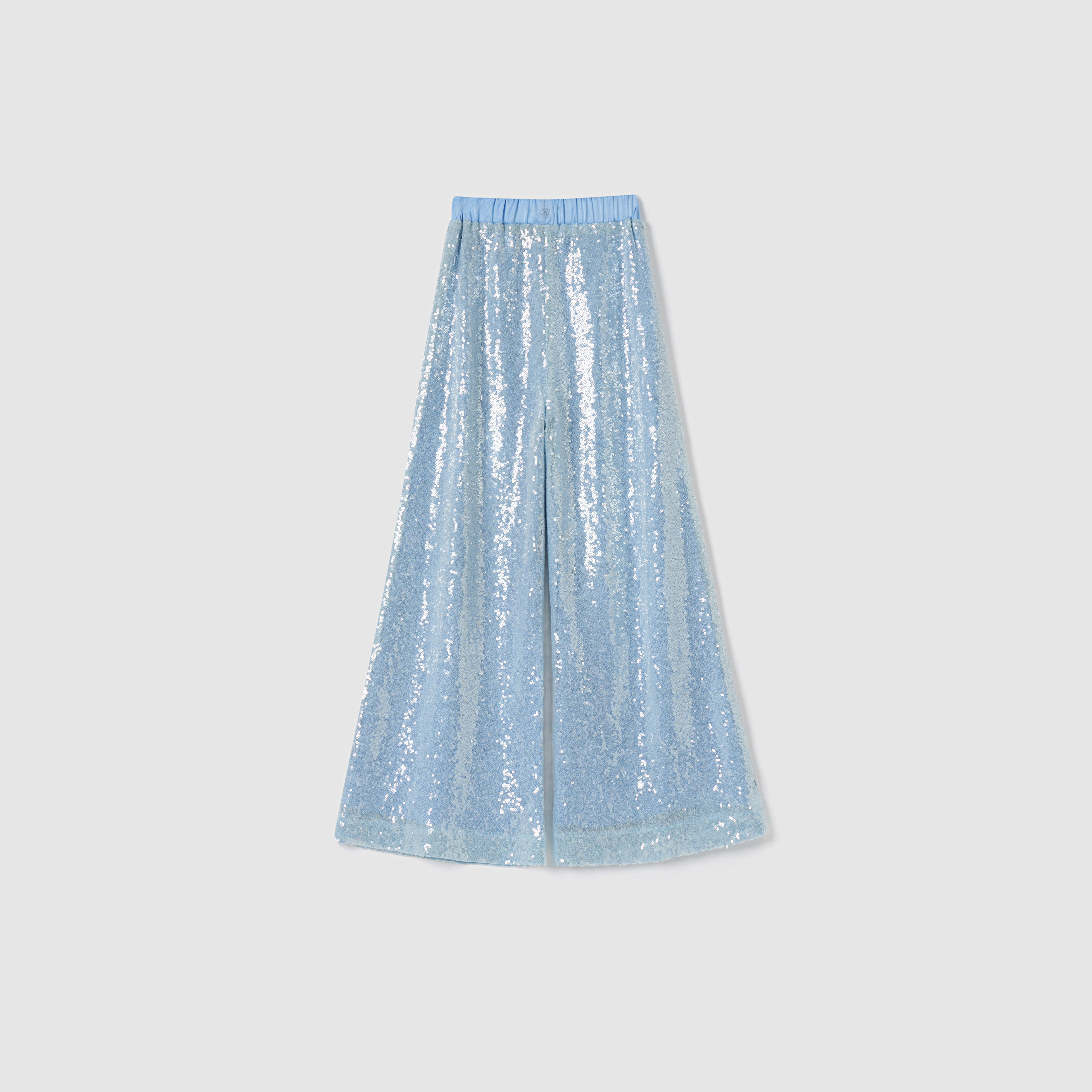 Radiance Sequin Wide-leg Pants by KIKI and JOJO in light blue, featuring all-over sequins and an elastic waistband, shown flat on a plain white background.