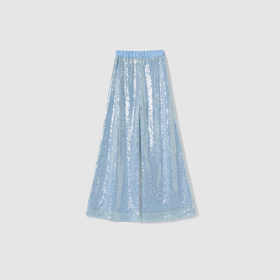 Radiance Sequin Wide-leg Pants by KIKI and JOJO in light blue, featuring all-over sequins and an elastic waistband, shown flat on a plain white background.