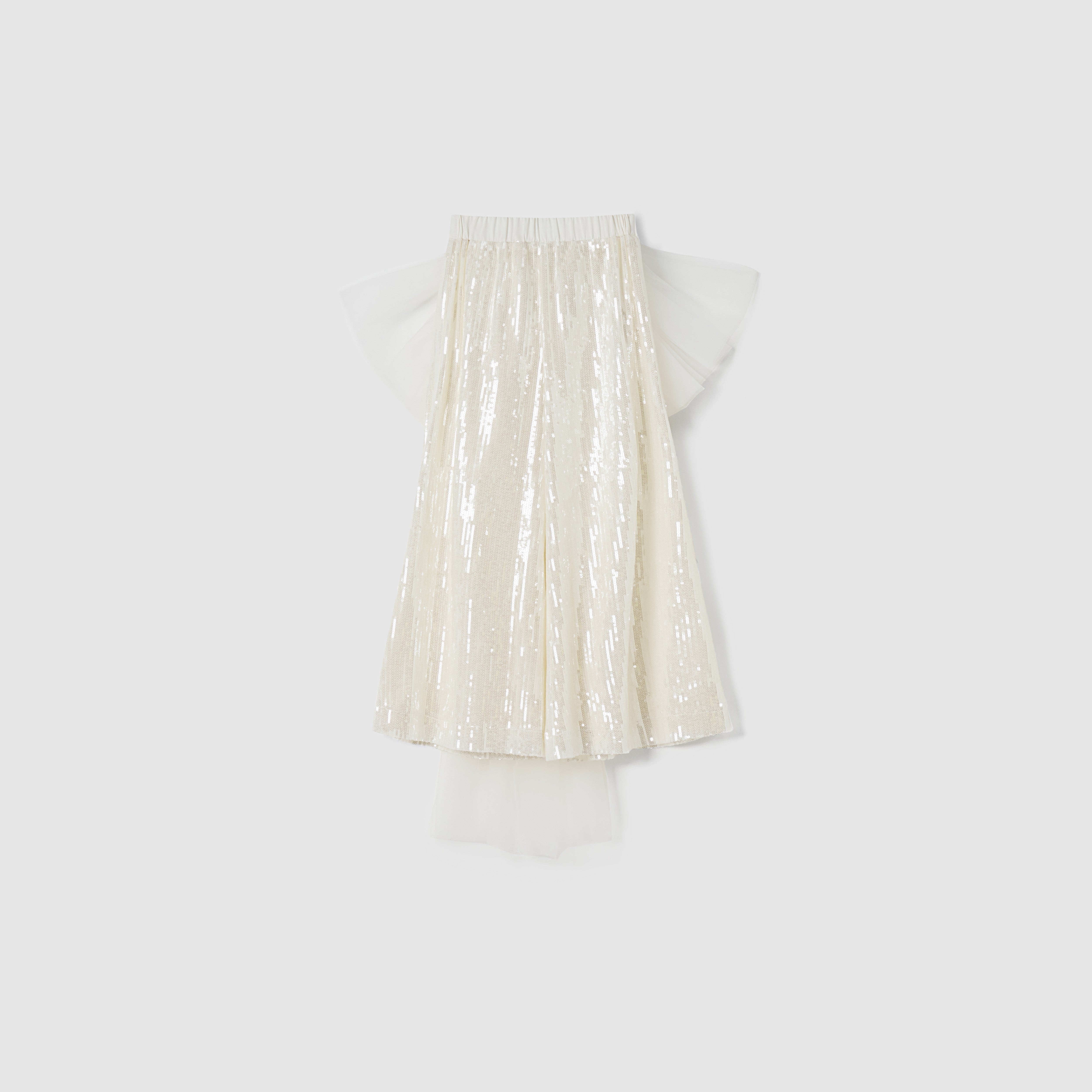 KIKI and JOJO’s Radiance Sequin Wide-Leg Pants, featuring a shimmering finish and fluid silhouette, are displayed against a plain light background.