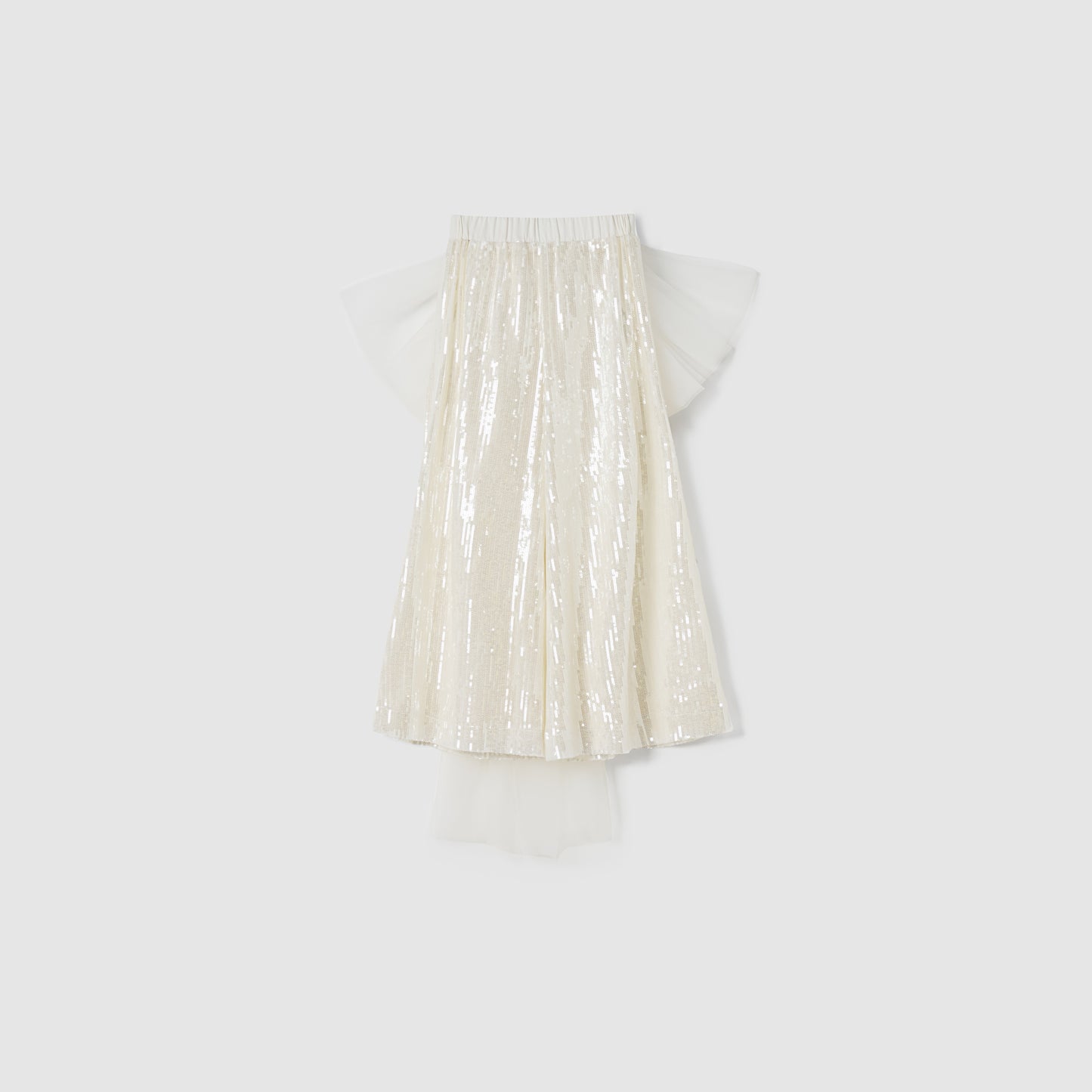 KIKI and JOJO’s Radiance Sequin Wide-Leg Pants, featuring a shimmering finish and fluid silhouette, are displayed against a plain light background.